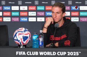 Filipe Lus, tcnico do Flamengo, em entrevista coletiva (foto: Reproduo / Flamengo TV)
