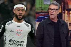 Memphis Depay, jogador do Corinthians, e Neto, comentarista e ex-atleta (foto: NELSON ALMEIDA/AFP - Reproduo/Bandeirantes)
