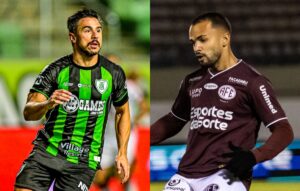 Willian Bigode, do Amrica, e Eric Melo, da Ferroviria (foto: Mouro Panda / Amrica e Jonatan Dutra/Ferroviria SAF)