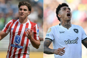 Julian lvarez, do Atltico de Madrid, e Igor Jesus, do Botafogo (foto: JUAN MABROMATA E YURI CORTEZ / AFP)