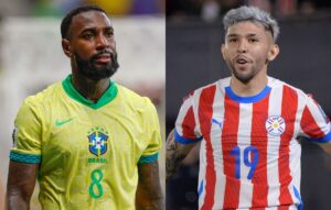 Gerson, da Seleo Brasileira, e Julio Enciso, do Paraguai (foto: @rafaelribeirorio / CBF e DANIEL DUARTE / AFP)