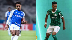 Matheus Pereira, meio-campista do Cruzeiro, e Estvo, atacante do Palmeiras (foto: Gustavo Aleixo/Cruzeiro; Cesar Greco/Palmeiras)