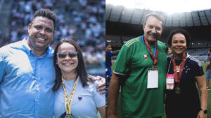 esquerda, Brbara Fonseca, diretora de futebol feminino do Cruzeiro, ao lado de Ronaldo Fenmeno, ex-scio majoritrio;  direita, a dirigente posa com Pedro Loureno, atual scio majoritrio (foto: Gustavo Martins/Cruzeiro)