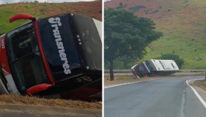 Ônibus com 35 passageiros tomba na BR-381, em Governador Valadares | Vales de Minas Gerais