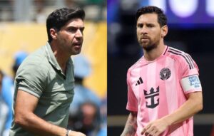 Abel Ferreira, tcnico do Palmeiras, e Messi, atacante do Inter Miami (foto: Cesar Greco/Palmeiras/by Canon e ALEX GRIMM / GETTY IMAGES NORTH AMERICA / Getty Images via AFP)