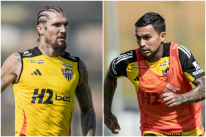 Lyanco e Dudu durante treinamento do Atltico na Cidade do Galo, em Vespasiano (foto: Montagem com imagens de Pedro Souza/Atltico)