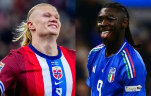 Haaland, da Noruega, e Moise Kean, da Itlia (foto: Terje Pedersen / NTB / AFP e Marco BERTORELLO / AFP)