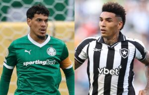 Gustavo Gmez, do Palmeiras, e Igor Jesus, do Botafogo (foto: Cesar Greco/Palmeiras e Vitor Silva/Botafogo)