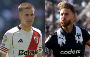 Mastantuono, do River Plate, e Sergio Ramos, do Monterrey (foto: JUAN MABROMATA / AFP e Stu Forster / GETTY IMAGES NORTH AMERICA / Getty Images via AFP)