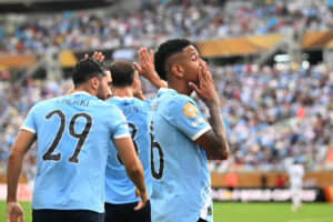 Savinho comemora gol pelo City (foto: Chandan KHANNA / AFP)