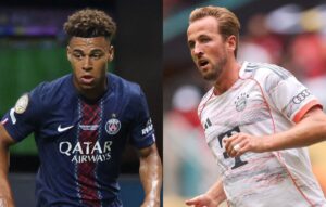 Dou, do PSG, e Harry Kane, do Bayern de Munique (foto: Alex Grimm/Getty Images/AFP e Michael Reaves/Getty Images/AFP)