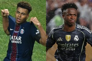 Dsir Dou, do PSG, e Vinicius Jnior, do Real Madrid (foto: ROBERTO SCHMIDT/AFP - FRANCK FIFE/AFP)