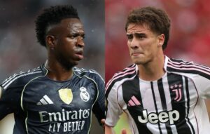Vinicius Jnior, do Real Madrid, e Yildiz, da Juventus (foto: Francois Nel/Getty Images/AFP)