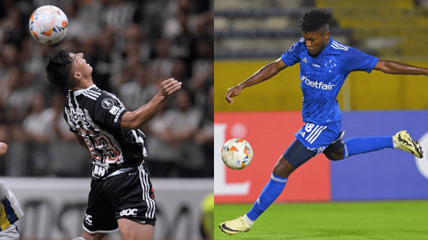 Alan Franco, do Atltico, e Jos Cifuentes, do Cruzeiro (foto: Douglas Magno/AFP; Rodrigo Buendia/AFP)