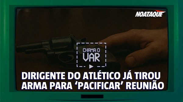 reproduo gerada com IA do caso em que dirigente do Atltico colou uma arma na mesa 'pacificar reunio do Conselho (foto: Arte + Imagem gerada com IA)