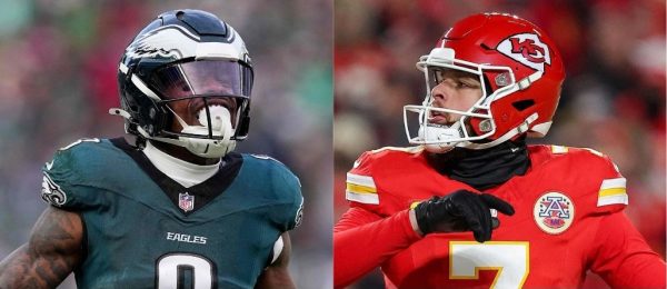 Gardner-Johnson, do Eagles, e Harrison Butker, do Chiefs (foto: David Eulitt / GETTY IMAGES NORTH AMERICA / Getty Images via AFP e Mitchell Leff / GETTY IMAGES NORTH AMERICA / Getty Images via AFP)