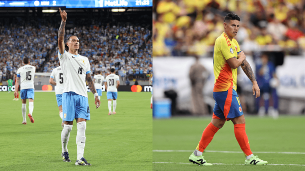 Darwin Nez, do Uruguai, e James Rodrigues, da Colmbia (foto: Charly Triballeau/AFP; Omar Vega/Getty Images North America/AFP)