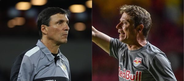 Z Ricardo, tcnico do Cricima, e Fernando Seabra, do Bragantino (foto: Celso da Luz/ Assessoria de imprensa Cricima E.C. e Ari Ferreira/Red Bull Bragantino.)