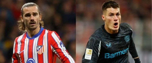 Antoine Griezmann, do Atltico de Madrid, e Patrik Schick, do Bayer Leverkusen (foto: Odd ANDERSEN / AFP e Pierre-Philippe MARCOU / AFP)