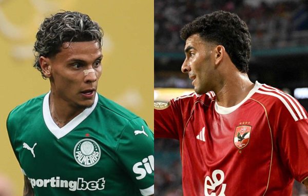 Richard Ros, do Palmeiras, e Zizo, do Al Ahly (foto: Cesar Greco/Palmeiras/by Canon e PATRICIA DE MELO MOREIRA / AFP)