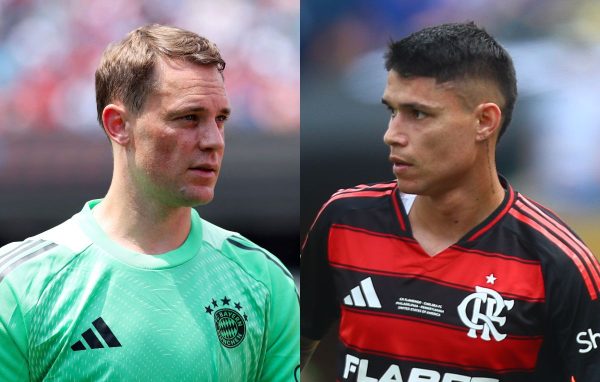 Manuel Neuer, goleiro do Bayern de Munique, e Luiz Arajo, atacante do Flamengo (foto: Kevin C. Cox / GETTY IMAGES NORTH AMERICA / Getty Images via AFP e Gilvan de Souza/Flamengo)