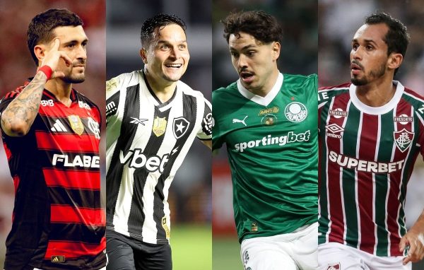 Arrascaeta, do Flamengo, Artur, do Botafogo, Maurcio, do Palmeiras e Lima, do Fluminense (foto: Adriano Fontes/Flamengo, Vitor Silva/Botafogo, Cesar Greco/Palmeiras e Lucas Meron/Fluminense)