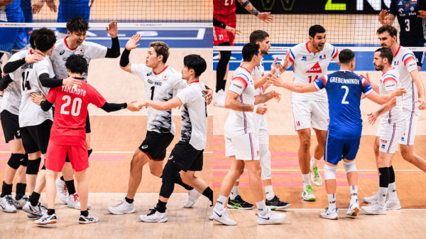 Jogadores de vlei do Japo e da Frana na VNL (foto: Reproduo/FIVB)