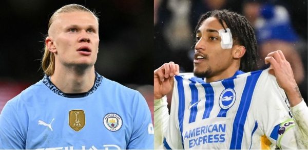 Haaland, do Manchester City, e Joo Pedro, do Brighton (foto: Oli SCARFF / AFP e Glyn KIRK / AFP)