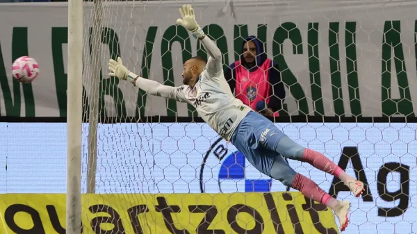 O goleiro Weverton, da SE Palmeiras, em jogo contra a equipe do C Atlético Mineiro, durante partida válida pela vigésima sétima rodada, do Campeonato Brasileiro, Série A, na arena Allianz Parque. (Foto: Cesar Greco/Palmeiras/by Canon)