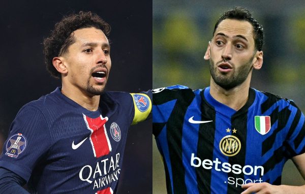 Marquinhos, do PSG, e alhanoglu, da Internazionale (foto: FRANCK FIFE / AFP e Gabriel BOUYS / AFP)