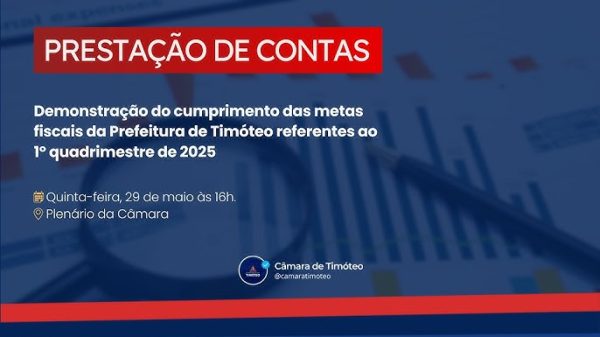 Por força de lei, Prefeitura de Timóteo faz Prestação de Contas nesta quinta-feira, na Câmara