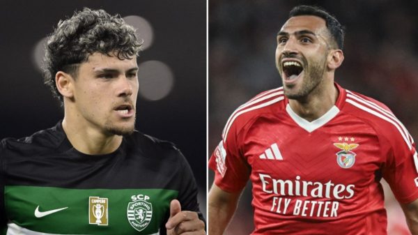 Jogadores de Sporting e Benfica em campo (foto: Miguel Riopa/AFP e Patricia de Melo Moreira/AFP)