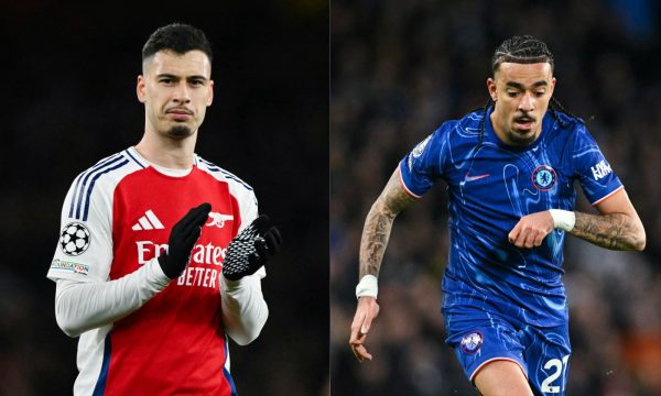 Bruno Guimares, do Arsenal e Malo Gusto, do Chelsea lado a lado (foto: Glyn KIRK / AFP e Justin Tallis )
