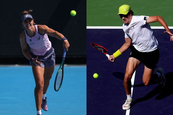 Montagem com fotos de Bia Haddad e Joo Fonseca durante partidas de tnis (foto: Martin KEEP / AFP - MATTHEW STOCKMAN / AFP)