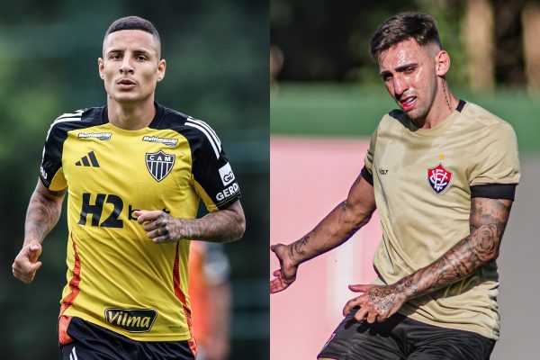 Guilherme Arana, do Atltico, e Gustavo Silva, do Vitra (foto: Paulo Henrique Frana / Atltico - Divulgao / Vitria)