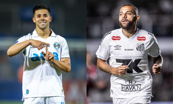 Aravena, do Grmio, e Guilherme, do Santos em campo (foto: Lucas Uebel/Grmio FBPA e  Raul Baretta/ Santos FC)