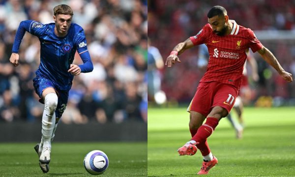 Cole Palmer e Salah em campo pelos seus respectivos times (foto: Justin Tallis / AFP)