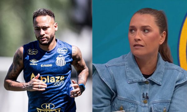 Neymar e Ana Thas lado a lado (foto: Raul Baretta/ Santos FC e Reproduo / SporTV)