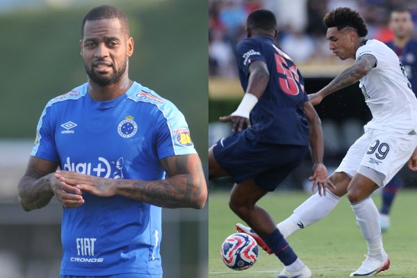 Montagem com foto do ex-zagueiro Ded e lance de Botafogo x PSG no Mundial de Clubes (foto: Alexandre Guzanshe/EM/D.A Press (28/9/2019) - STU FORSTER/AFP)