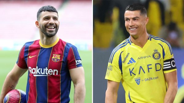Fotos de Aguero com a camisa do Barcelona e de Cristiano Ronaldo com a camisa do Al-Nassr (foto: Barcelona/Divulgao e Fayez Nureldine/AFP)