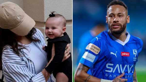 Montagem de fotos de Amanda Kimberly com a filha Helena e Neymar, jogador do Al -Hilal, em campo (foto: Instagram/Reproduo e Al-Hilal/Divulgao)