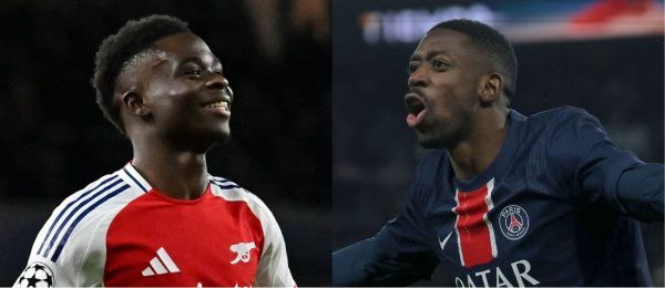 Saka, do Arsenal, e Dembl, do PSG (foto: Glyn KIRK / AFP e Thomas SAMSON / AFP)