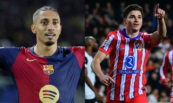 Rapinha, do Barcelona e Julin Alvarez, do Atltico de Madrid (foto: Jose Jordan/ AFP e Manaure Quintero/ AFP)