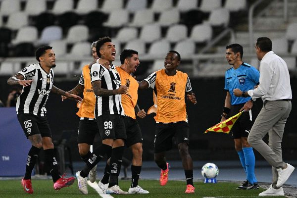 Jogadores do Botafogo comemoram gol contra o Estudiantes na Libertadores (foto: MAURO PIMENTEL/AFP)