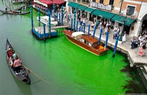 Canal de Veneza amanhece com água verde fluorescente; VEJA