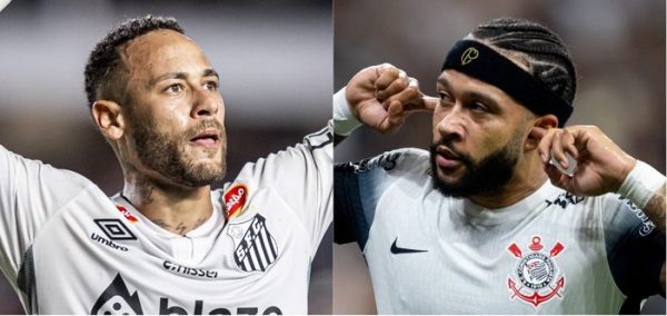 Neymar, do Santos, e Memphis Depay, do Corinthians (foto: Raul Baretta/ Santos FC. e Rodrigo Coca / Corinthians)