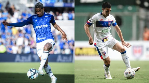 Matheus Pereira, meio-campista do Cruzeiro, e Fillipe Soutto, volante do Betim (foto: Gustavo Aleixo/Cruzeiro; Divulgao/Betim)