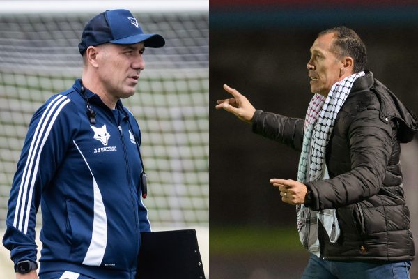 Leonardo Jardim, tcnico do Cruzeiro, e Lucas Bovaglio, tcnico do Palestino (foto: Gustavo Aleixo/Cruzeiro; Rodrigo Buendia/AFP)