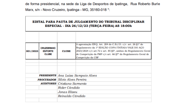 Confira o Edital para pauta de julgamento do Tribunal Disciplinar Especial da Copa Itatiaia Vale do Aço 2023/2024