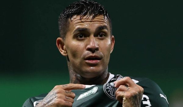 Dudu, atacante do Palmeiras, apontando para o escudo do clube (foto: Reproduo / Instagram @7_dudu)